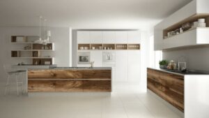 White modern minimalistic kitchen, with classic wood fittings, panoramic window, luxury interior design